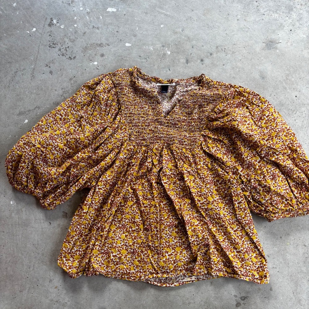 Floral Smocked Blouse Top‎ Puff Sleeve Boho Mustard Brown Fall  S
